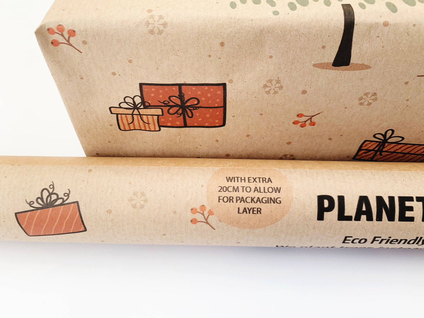 Christmas Trees and Gifts Recycled Eco Kraft Wrapping Paper: 3m x 50cm Roll