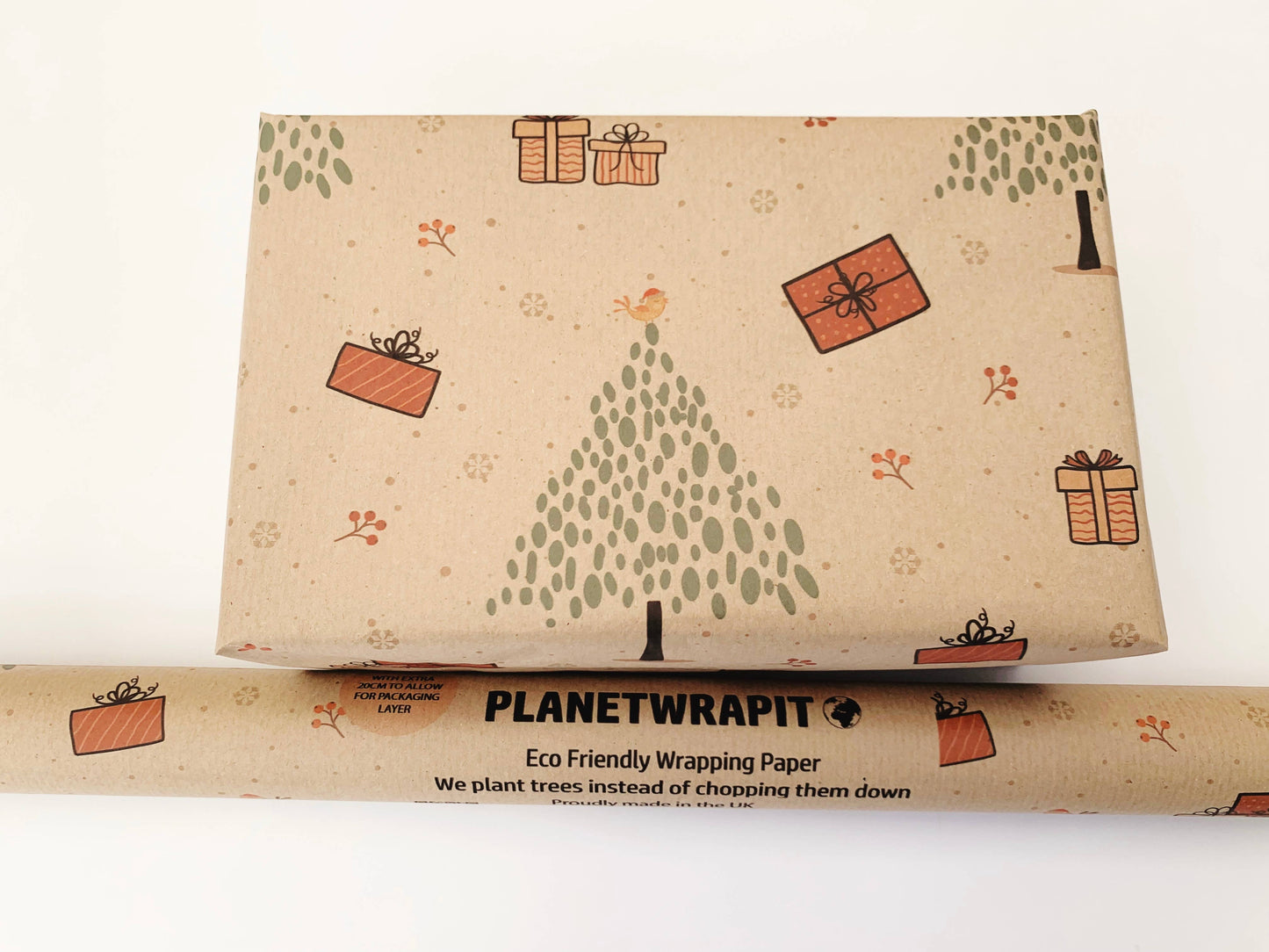Christmas Trees and Gifts Recycled Eco Kraft Wrapping Paper: 3m x 50cm Roll