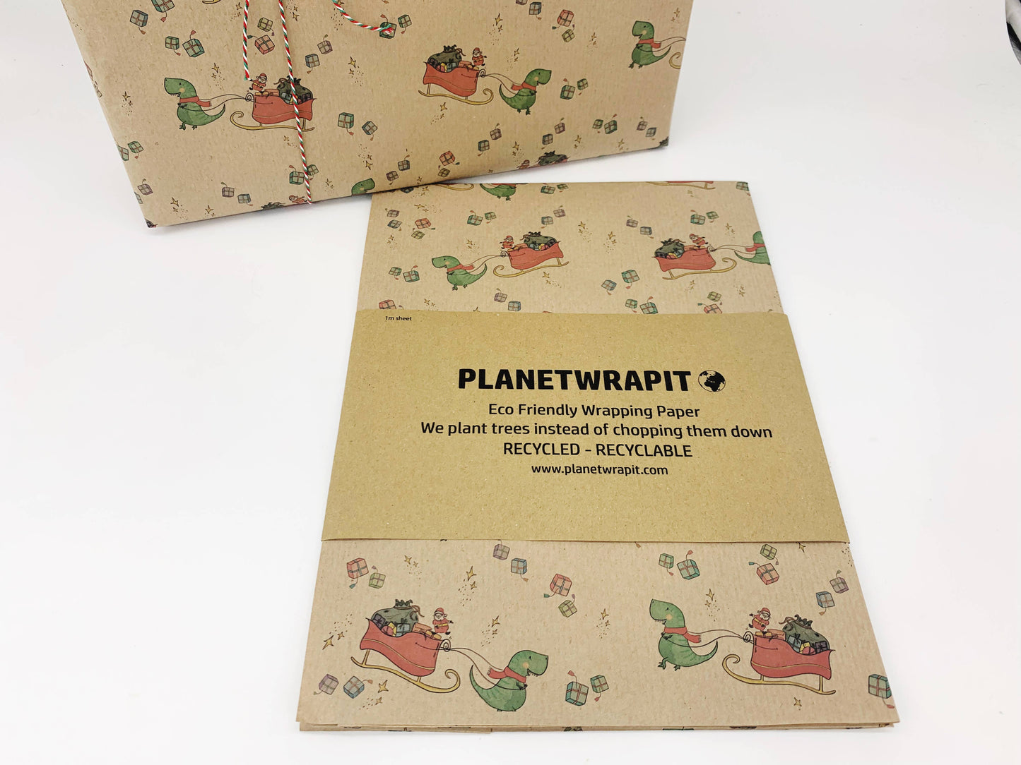 Christmas Dinosaur Recycled Eco Kraft Wrapping Paper: 3m x 50cm Roll